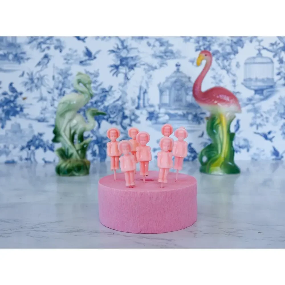 VTG Set of 7 Pink Bonnet Girl Cake Topper Candle Holder Kids Birthday Retro MCM
